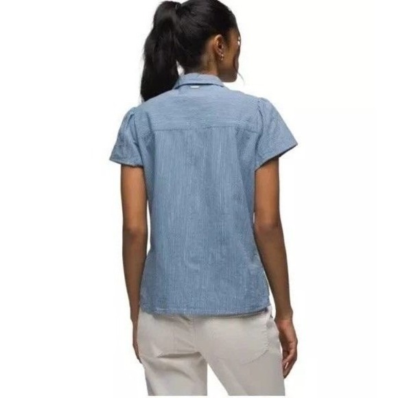 PrAna Katya Button Down Short Sleeve Organic Cotton‎ Blouse Blue/White Stripe XL - Picture 2 of 9